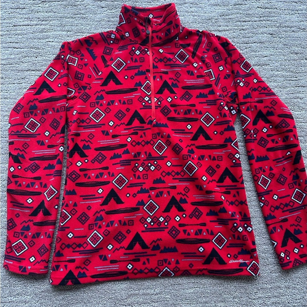 Eddie Bauer Women’s Black and Red Patterned Quarter Zip Fleece Pullover
